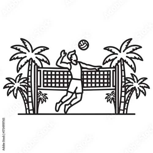 Beach Volleyball Player Spiking - Tropical Outline Illustration
