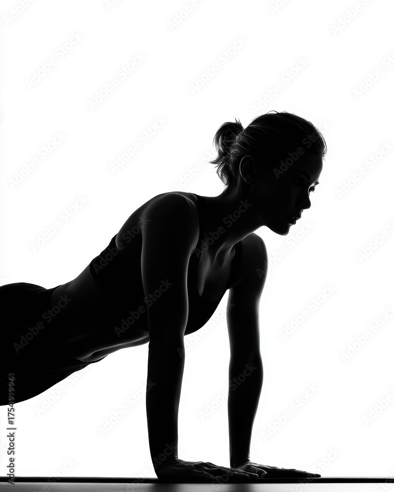 Fototapeta premium Strong Woman Silhouette Performing Push-Up in Backlit Studio Setting for Fitness Concept