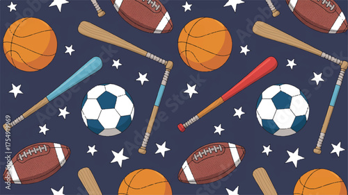 Whimsical Pattern of Assorted Sports Balls and Baseball Bats on a Starry Night Background basketball