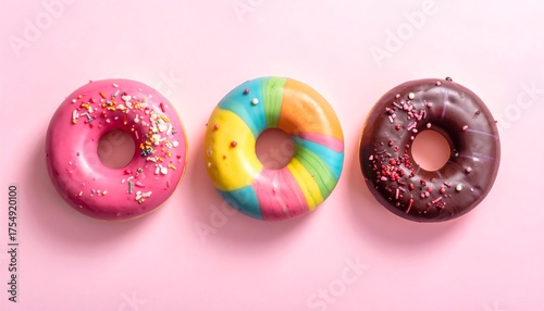 Colorful Doughnuts A Sweet Treat Trio on Pink Backdrop