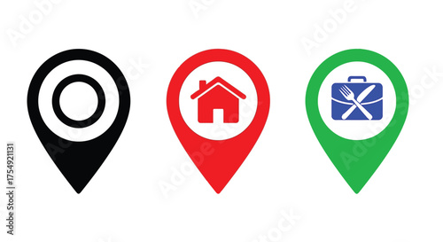Vector illustration of three location pin icons black for general, red for home, and green for business, isolated on a Free Download Vector illustration of three location pin icons black for general, red for home, and green for business, isolated on a - GFXLoad