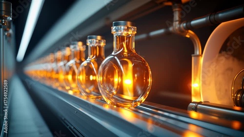 Captivating Glass Bottles Illuminated by Warm Light in an Artful Display for Cinematic Videos and Stock Photography