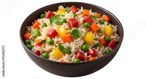 Bowl of colorful fried rice with vegetables and meat