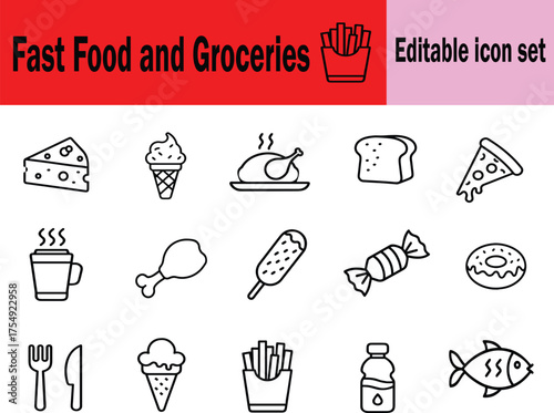  Fast Food and Groceries Icon Set, an Editable Line Art Collection for Menus