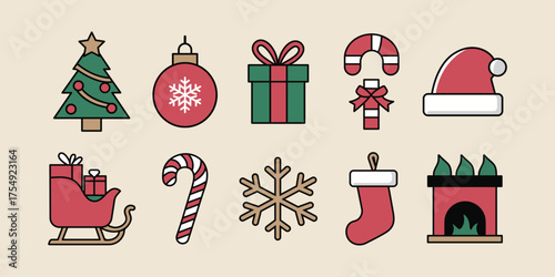 retro style christmas icon pack with stocking gift snowflake candy and tree design for cards invitations and holiday artwork