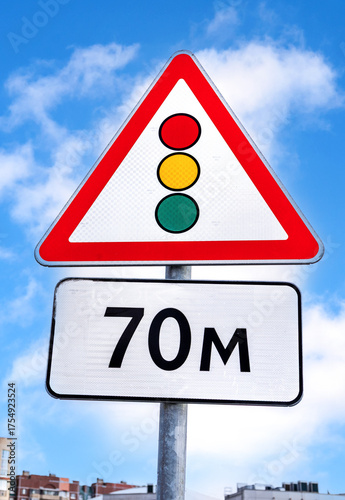 Foto Traffic light road sign, Indicating traffic regulation by traffic lights