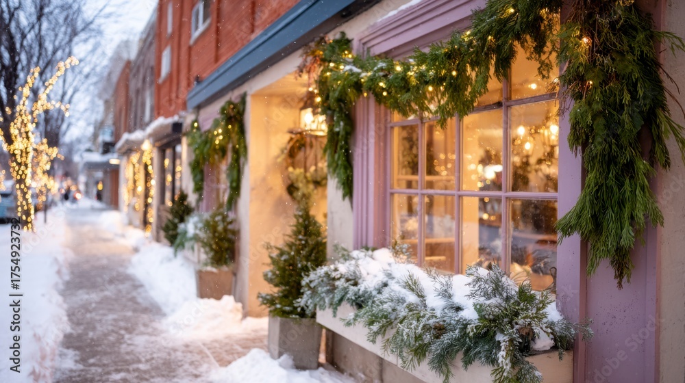 Naklejka premium Charming Winter Scene Featuring a Cozy Storefront Decorated with Holiday Greenery and Lights Amidst a Snowy Street