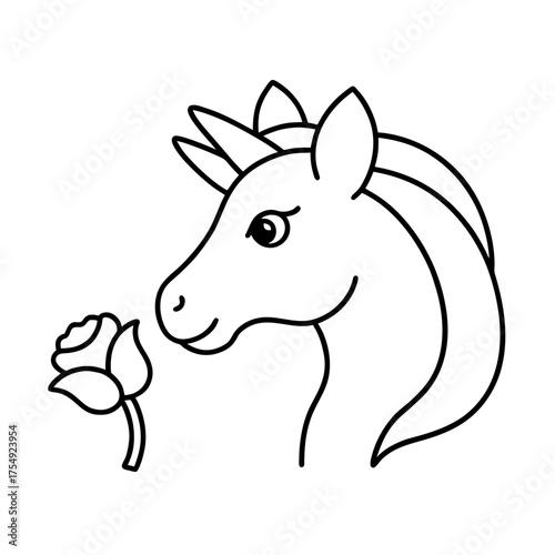 a unicorn smelling a rose for kids coloring book