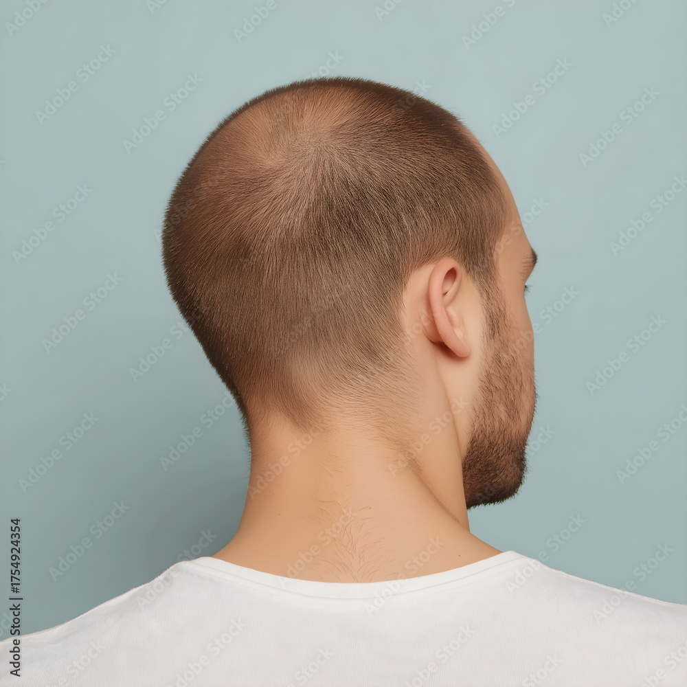 Fototapeta premium Man with short and bald hair viewed from the back against blue background 
