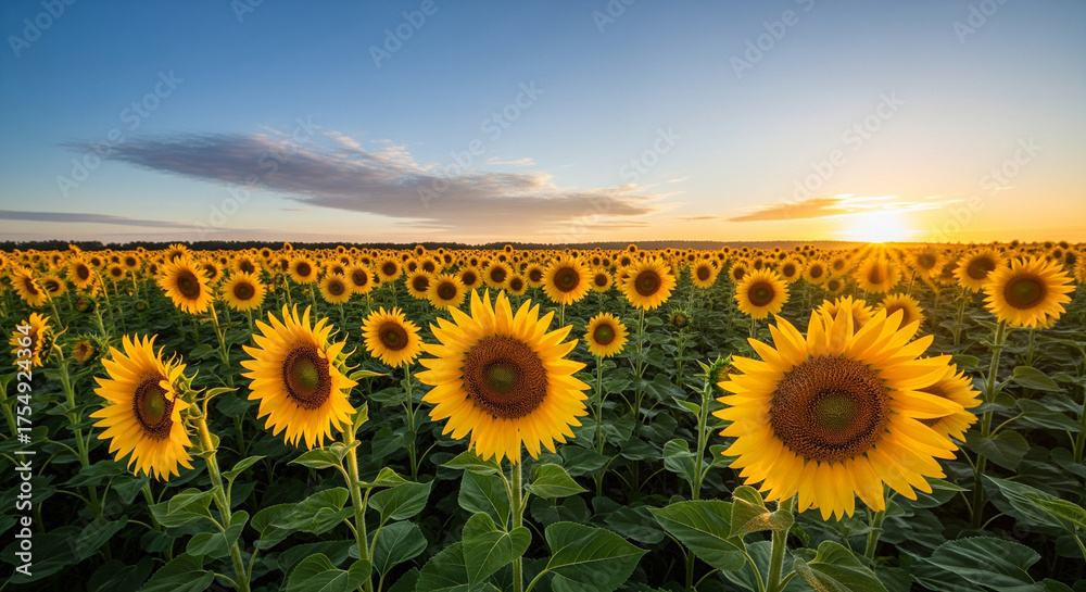 Obraz premium A wide field of sunflowers facing the sunrise, clear blue sky, gentle morning breeze,