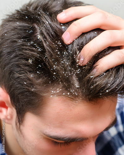Young man with dandruff scratching his head indoors, 
Close-up of scalp with visible psoriasis flakes, clinical dermatology lighting
