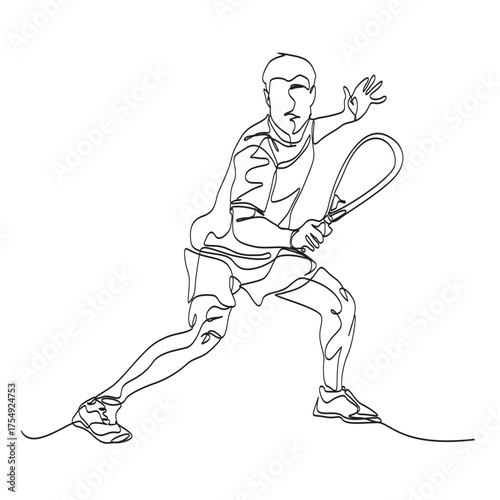 Continuous vector line art of a man playing padel or tennis player in action with a horse stance.