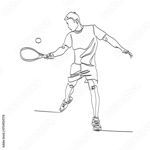 Continuous vector line art of a man playing padel or a tennis player swinging a shot
