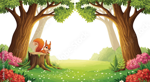 Vector illustration of a cute squirrel sitting on a tree stump in a lush green forest clearing with sunlight filtering through the trees