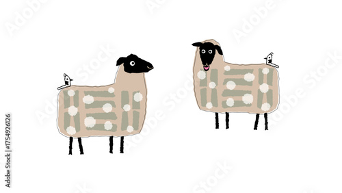 This charming hand-drawn sketch depicts a sheep in a whimsical, child’s drawing style. Featuring simple lines and a playful, naive appearance, it captures the innocence and creativity of a child's art