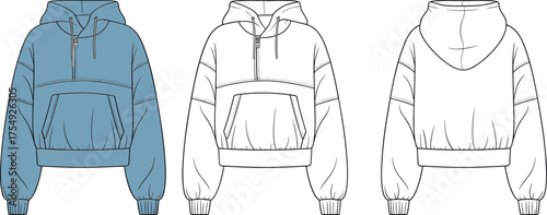 Cropped hoodie vector, fashion flat sketch, half zip sweatshirt design, drawstring hood outline, casual apparel template, cad drawing flat vector illustration