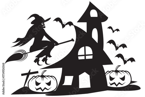 Silhouette of a witch flying on a broomstick in front of a haunted house