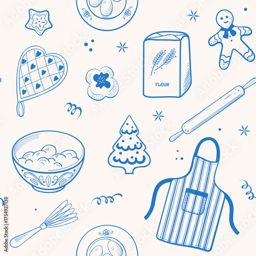 Seamless doodle line pattern with kitchen and baking elements, apron, whisk, bowl, rolling pin, cookies, and festive details. Perfect for culinary wrapping, textile, and holiday design.