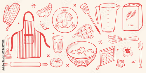 Hand-drawn doodle line vector of kitchen and baking tools, apron. Fun cooking elements, cookies, utensils, and ingredients for festive recipe and food design projects.