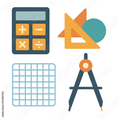 Set of colorful math and geometry tools on a black background