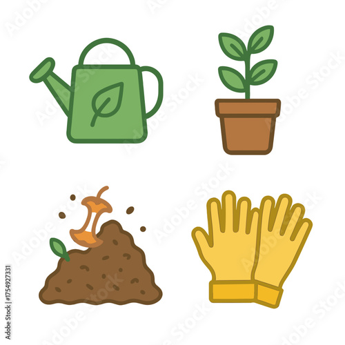 Gardening tools and supplies icons for planting and composting