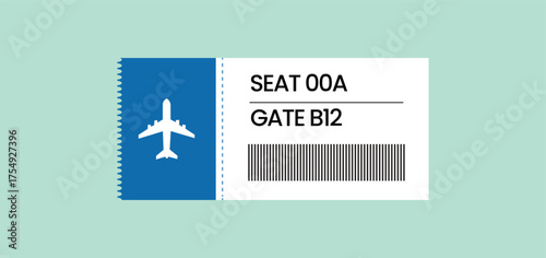 Airplane ticket with seat and gate information and barcode
