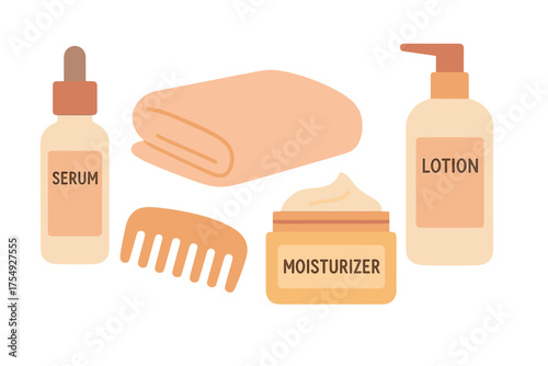 Skincare routine essentials including serum lotion moisturizer comb and towel