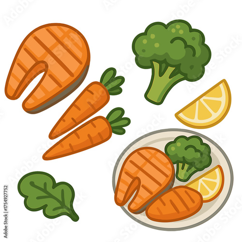 Healthy grilled salmon and vegetable meal illustration