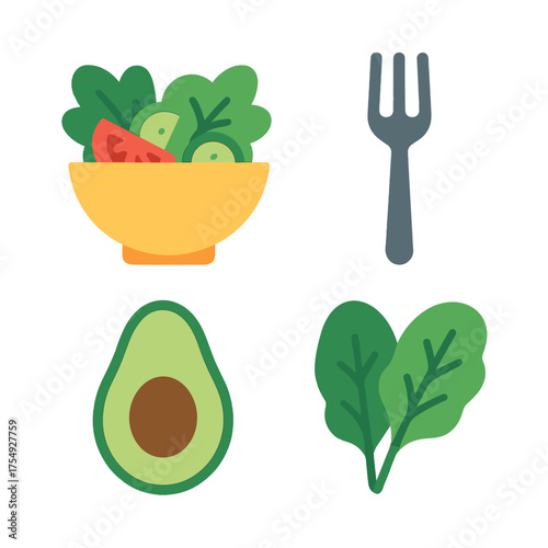 Healthy food icons salad avocado spinach and fork