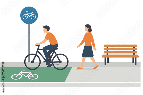 Cyclist and pedestrian sharing urban path with bike lane