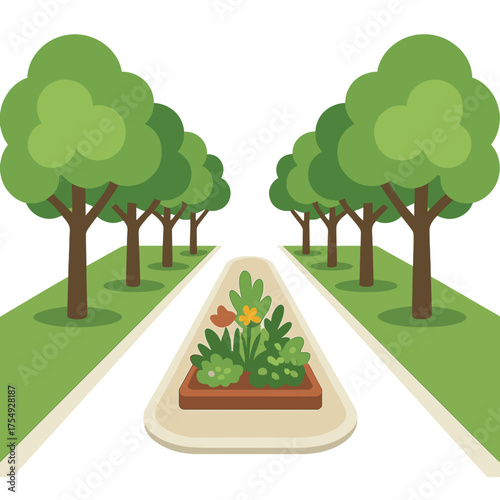 A symmetrical park scene with trees and a central flower bed