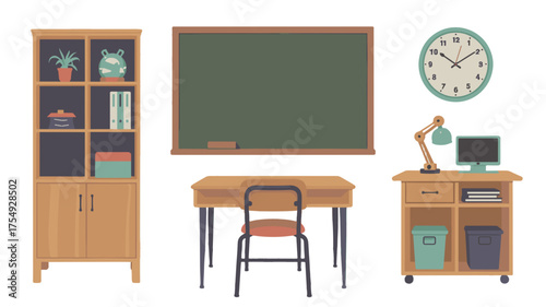 Classroom setup with desk chalkboard and storage cabinet