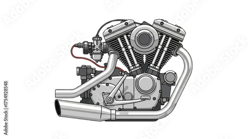 Detailed Illustration of a Classic V-Twin Motorcycle Engine with Exhaust System and Carburetor on White Background
