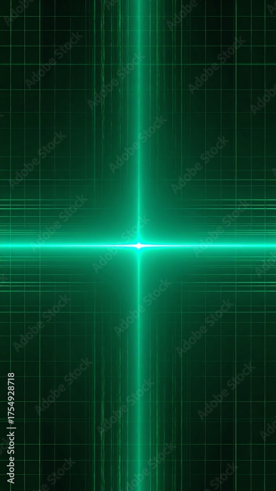 Obraz premium Green neon cross illuminated on dark background representing technology and cyberpunk aesthetic