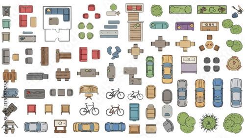 Diverse Top View Furniture, Vehicles, and Plants for Detailed Architectural Blueprint Designs