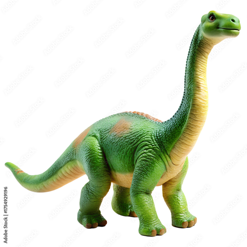 Obraz premium Green brachiosaurus toy isolated on transparent background, a childhood dinosaur