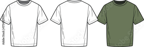 T-shirt vector illustration, fashion flat sketch, short sleeve crew neck design, casual clothing outline, apparel template, cad drawing flat vector illustration