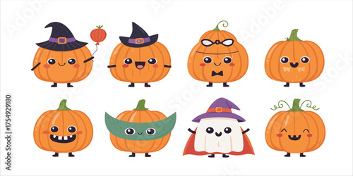 Cute Kawaii Halloween Pumpkin Character Vector Set with Costumes and Funny Faces for Holiday Party Design
