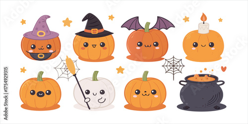 Cute Kawaii Halloween Pumpkin Character Vector Set with Witch Hat and Spooky Faces for Holiday Party Design
