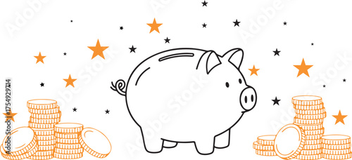 Whimsical hand drawn piggy bank surrounded by stacks of coins and sparkling stars illustration