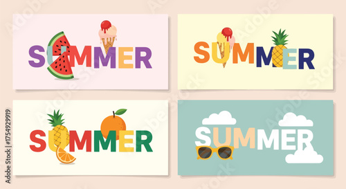 Vector illustration of set of four colorful summer banners with the word summer decorated with fruits, ice cream, sunglasses, and clouds