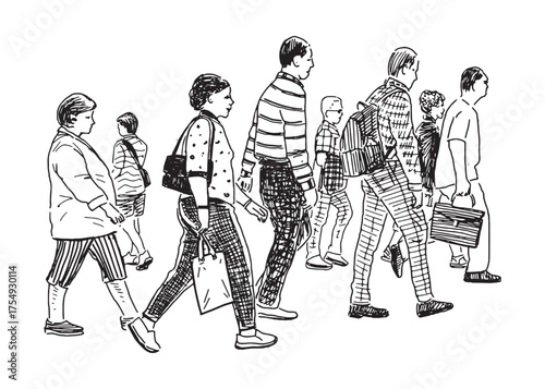 People crowd, casual city pedestrians walking outdoors in summer, side view, realistic outline vector hand drawn illustration, white background