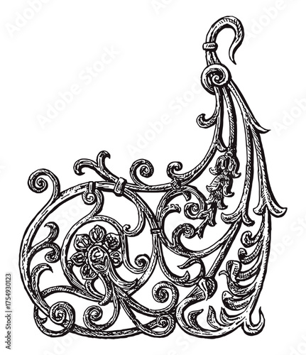 Vintage decorative corner, ancient design element retro style, vector hand drawn illustration isolated on white background