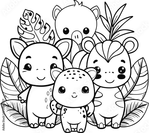 Cute four cartoon jungle animals and leaves outline vector
