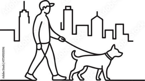 Walking dog in city skyline vector illustration