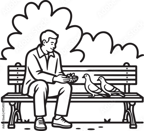 Man feeds pigeons on park bench line art style