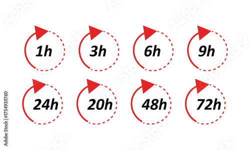 Minimalist vector illustration of eight circular time icons with red arrows indicating hours on a light gray background