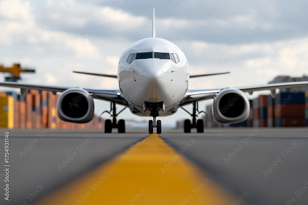 Obraz premium Aircraft prepares for takeoff, ready to fly into the sky. Its presence signifies transportation and the excitement of travel, symbolizing potential adventures.