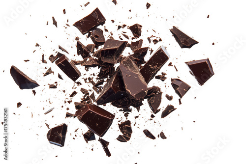 Dark chocolate pieces exploding isolated on a transparent background