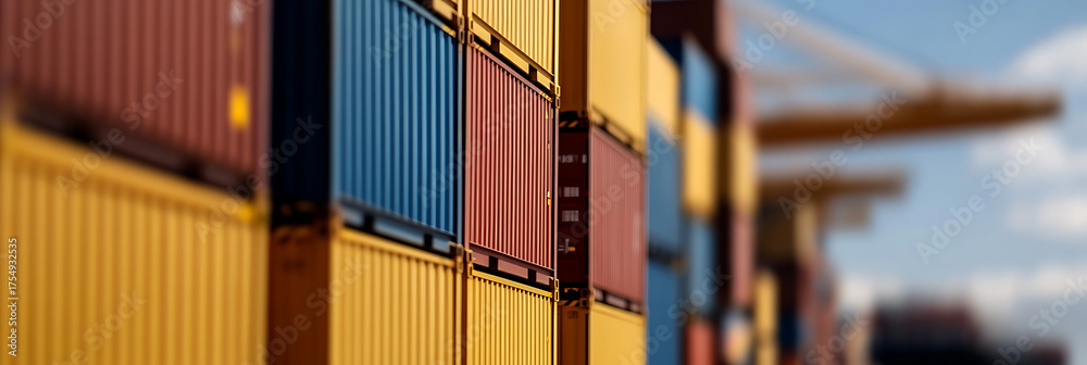 Fototapeta premium A vivid stack of multi-colored freight containers ready for shipping. Close-up showcases the repetitive pattern. Crane in the background.